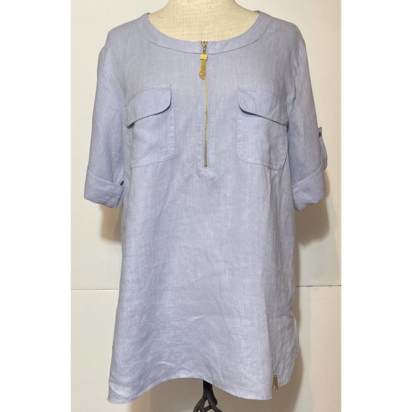 ELLEN TRACY Women’s L Linen Blouse Blue Pull On Quarter Zip - Picture 1 of 9